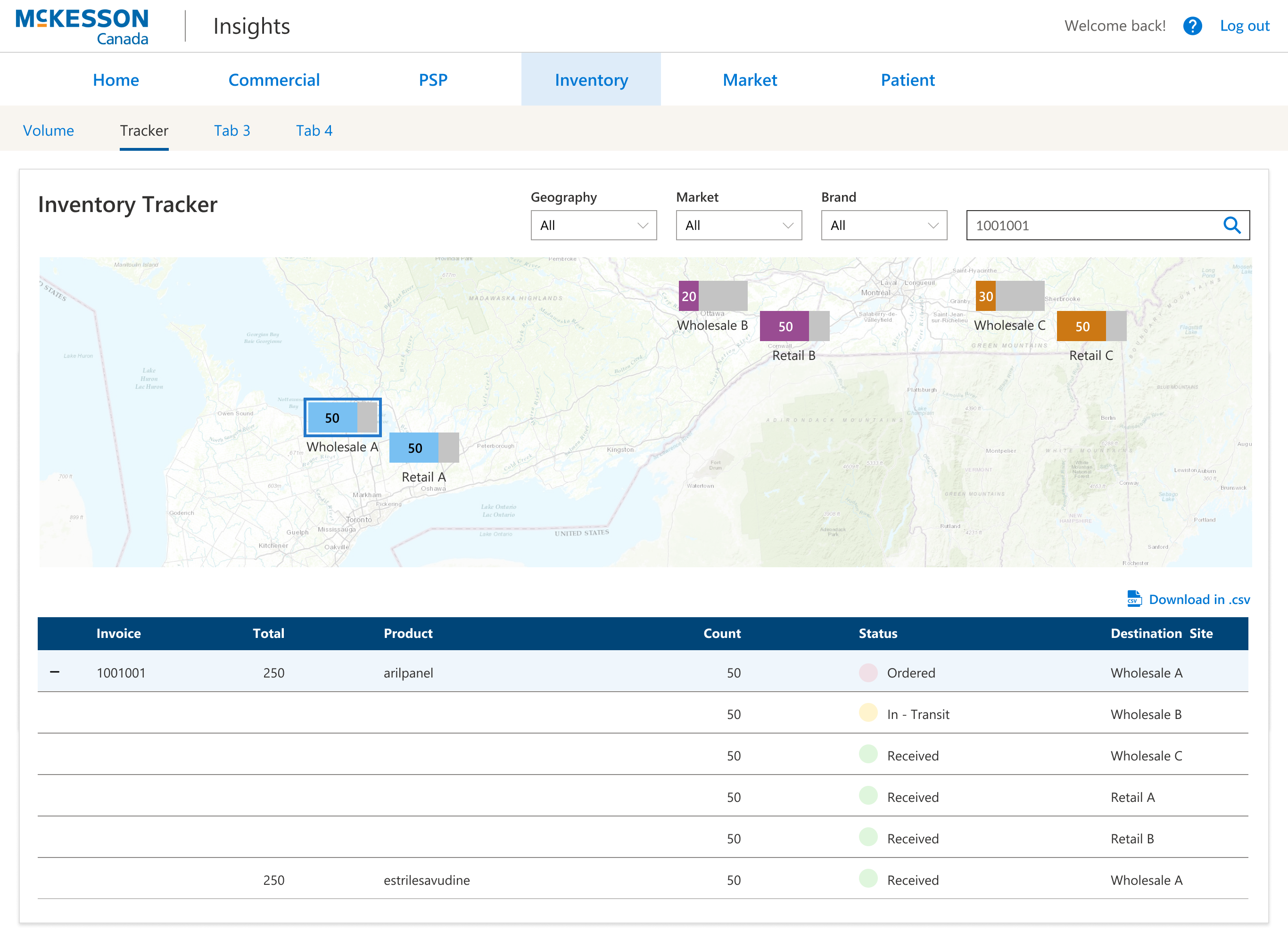This image shows what happens when a particular product is selected and a map appears showing the destinations and counts and their status, whether backordered, in transit or received.